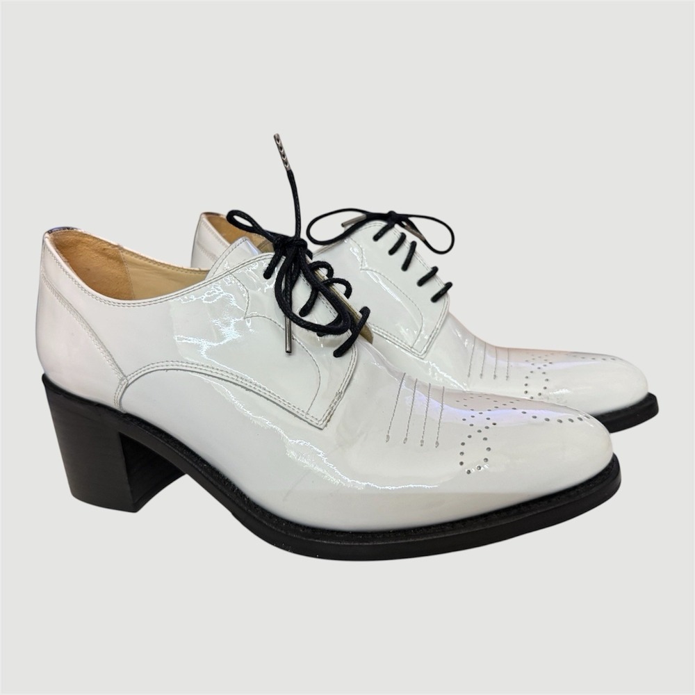 The Office Of Angela Scott Miss Button Derby Heeled Patent Leather Loafer White